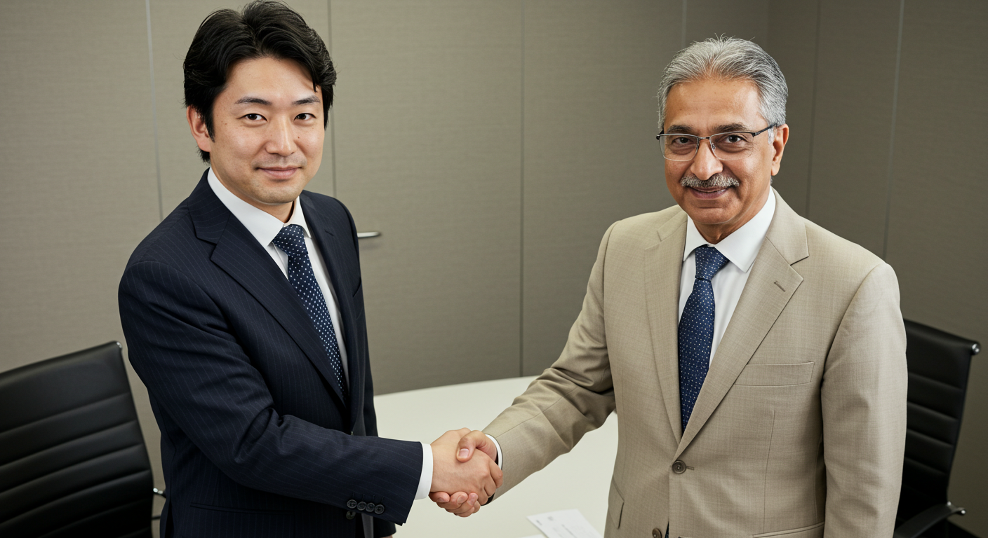 握手をしている日本人とインド人のビジネスマン