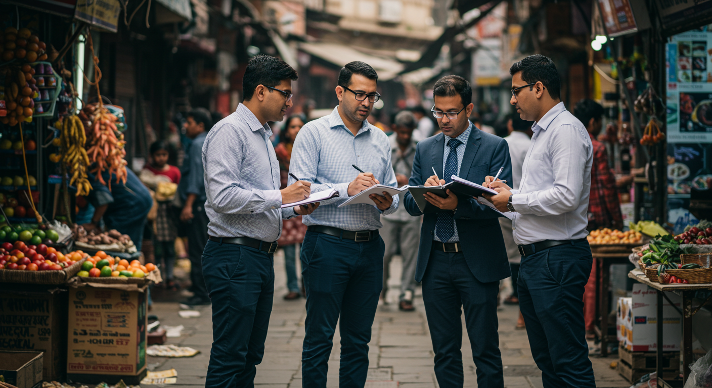 インド中心都市での市場調査を現地で行うビジネスマンたち